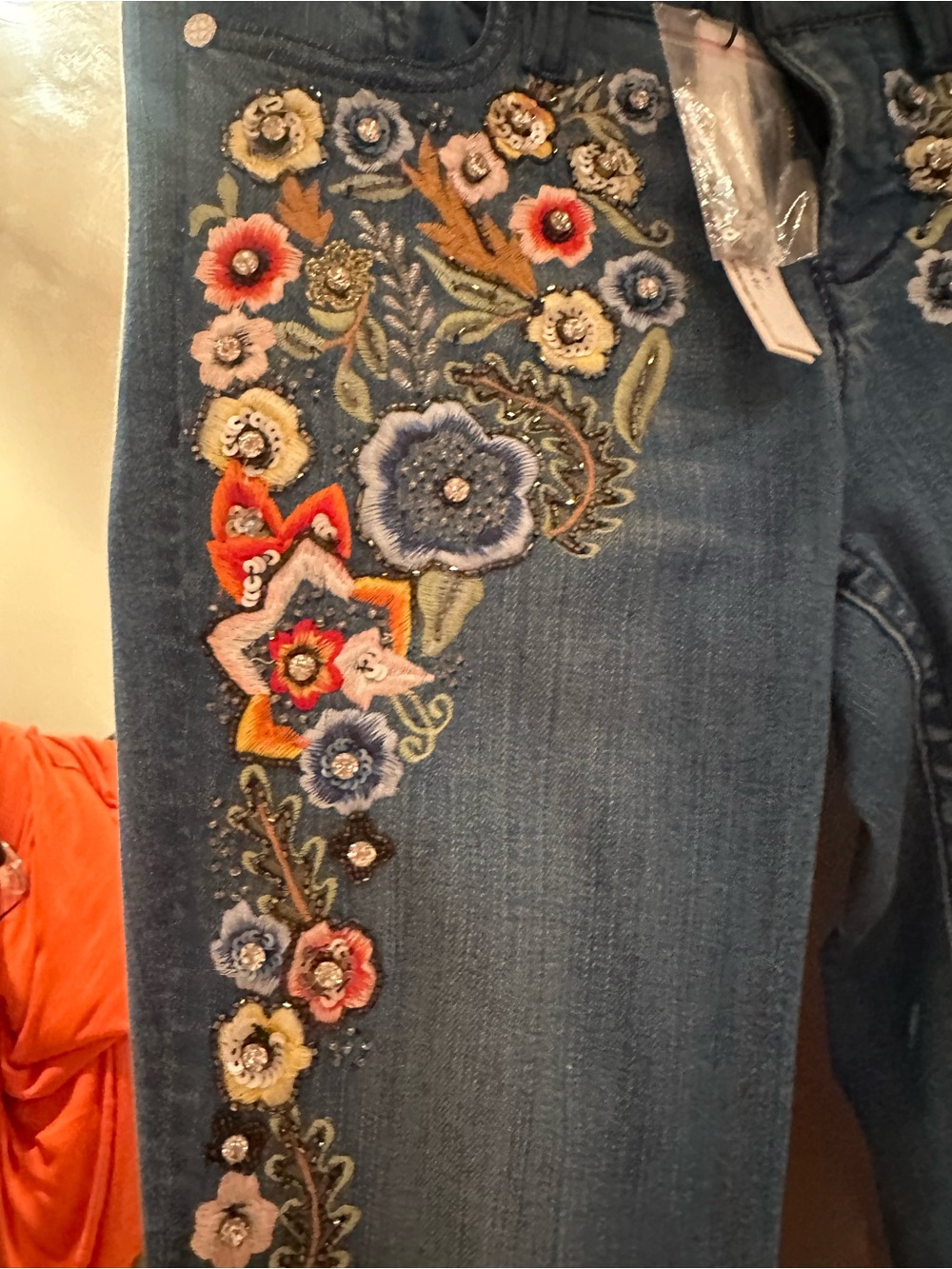 Alice + Olivia Blue Flare Jeans with Multicolor Floral Crystal bead Embroidery - Picture 11 of 12